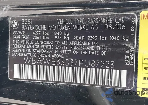 2007 BMW 328I z USA, uszkodzony, nr VIN WBAWB33537PU87223